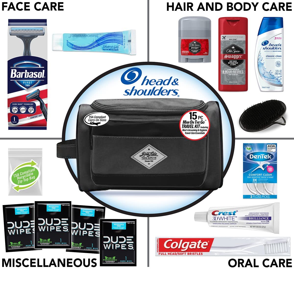 Convenience Kits International Men's Deluxe, 9-Piece Kit with Travel Size TSA Compliant Essentials , Featuring: Old Spice Products in Reuseable Toiletry Bag