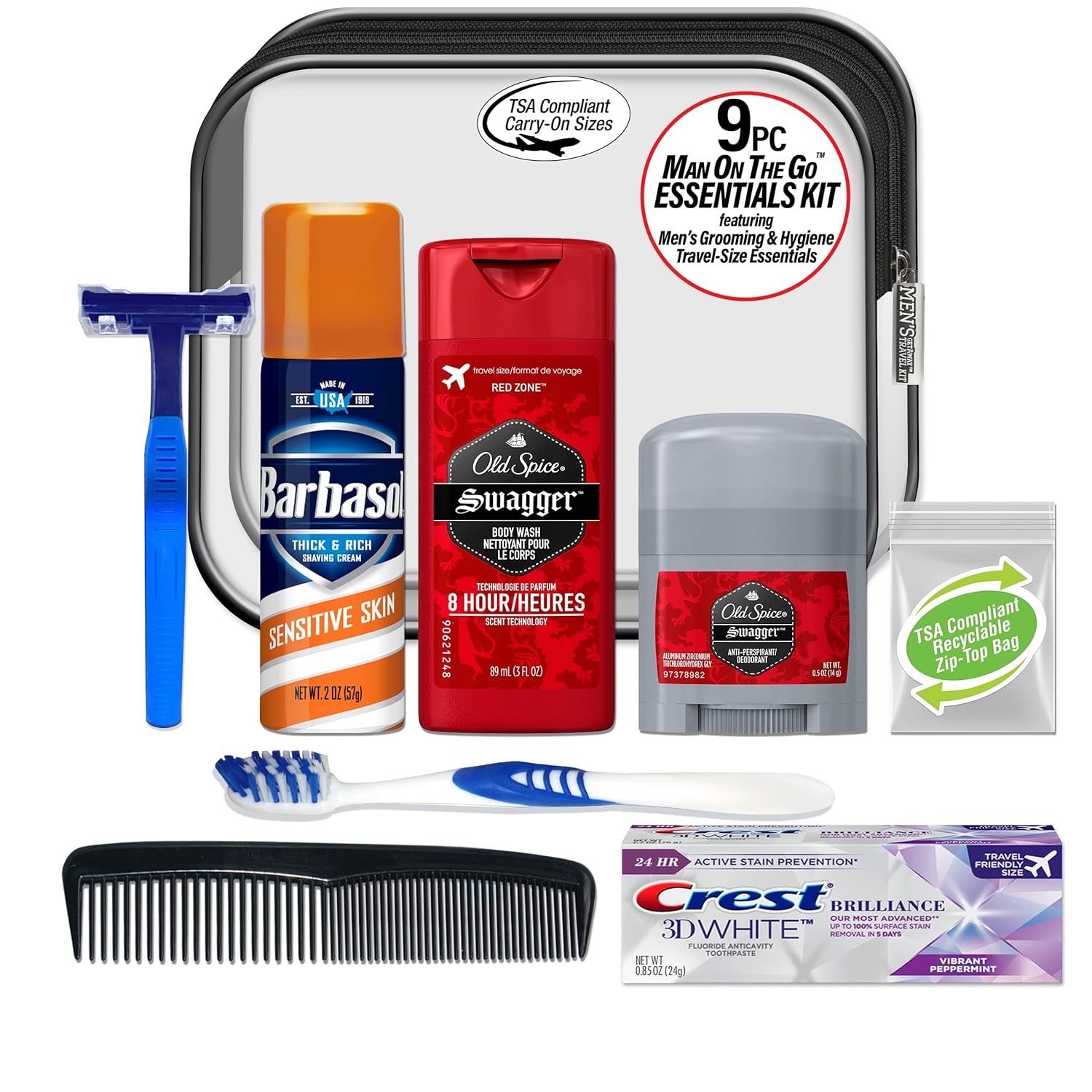 Convenience Kits International Men's Deluxe, 9-Piece Kit with Travel Size TSA Compliant Essentials , Featuring: Old Spice Products in Reuseable Toiletry Bag