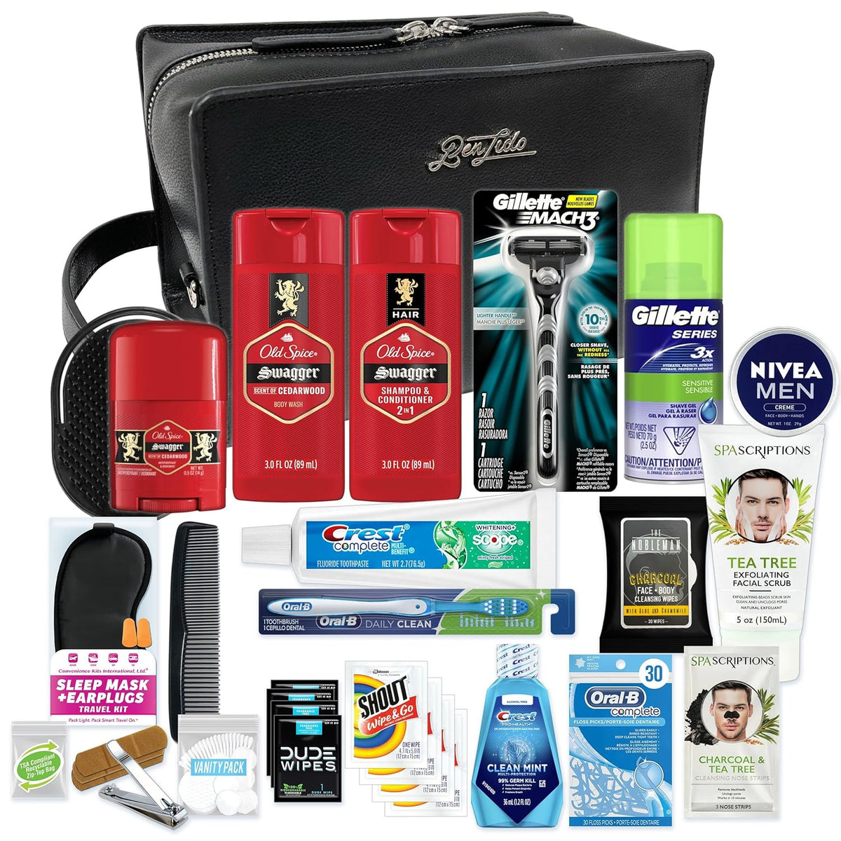 Convenience Kits International Men’s Super Premium 30 PC Travel Kit Featuring: Travel-Size Hair Care Products Plus Face, Body, Oral Care, Travel Essentials in Large Leather Toiletry Bag